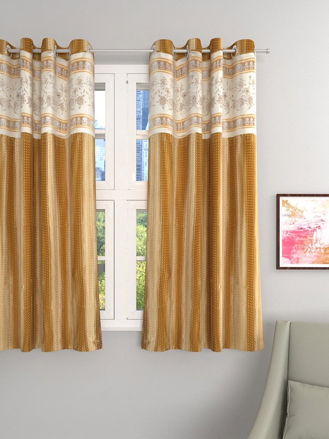 

ROMEE Gold-Toned & White Single Room Darkening Window Curtain