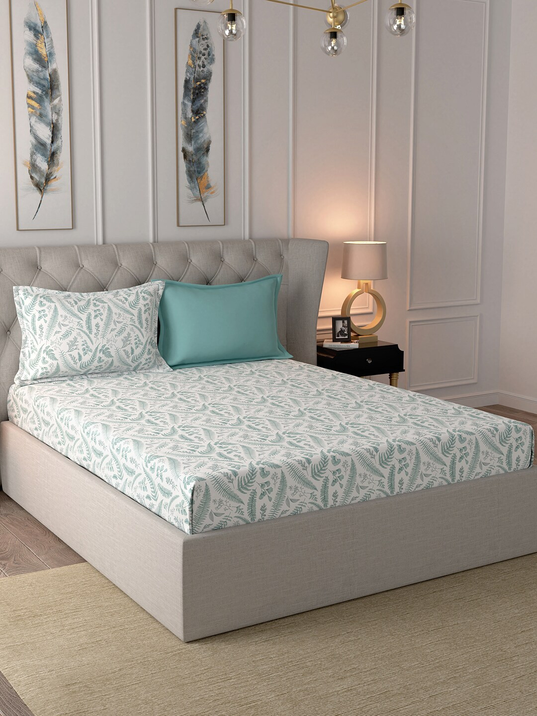 

In-House by maspar White & Blue Floral 210 TC Cotton 1 King Bedsheet with 2 Pillow Covers