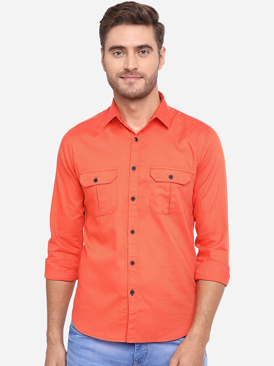 

Greenfibre Men Orange Slim Fit Solid Cotton Casual Shirt