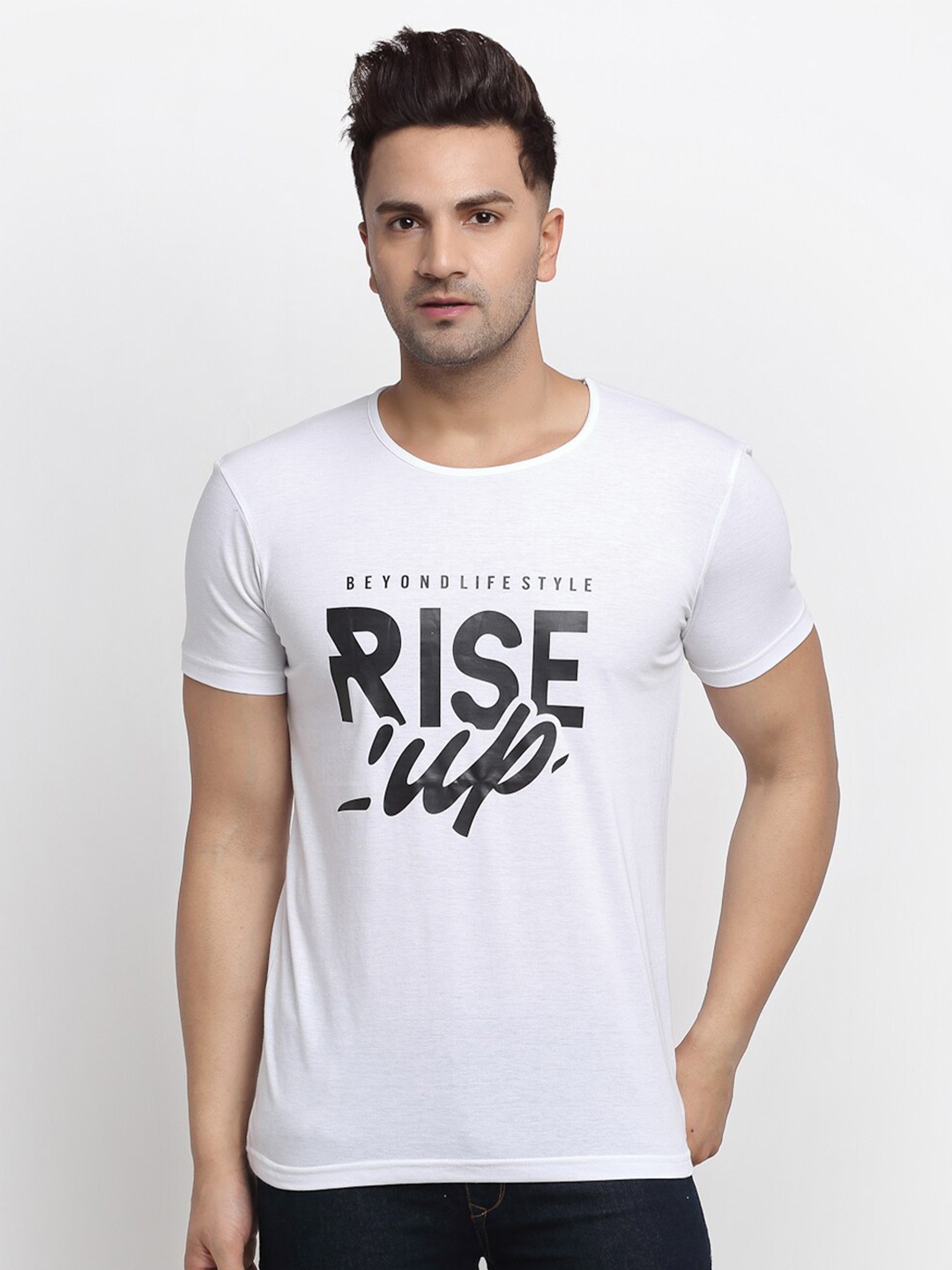 

MACK JONNEY Men White Printed Round Neck T-shirt