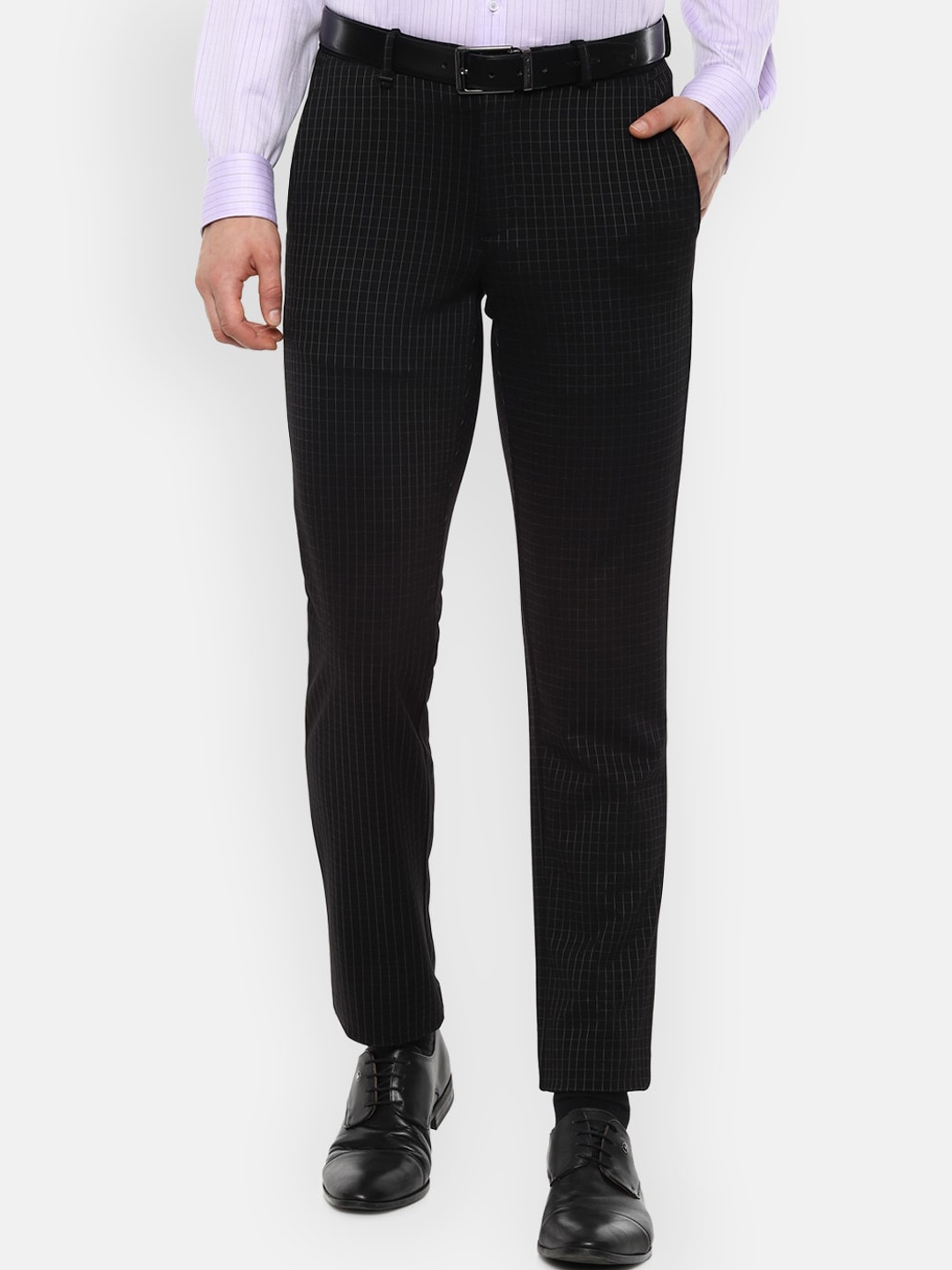 Van Heusen Men Black Slim Fit Checked Formal Trousers