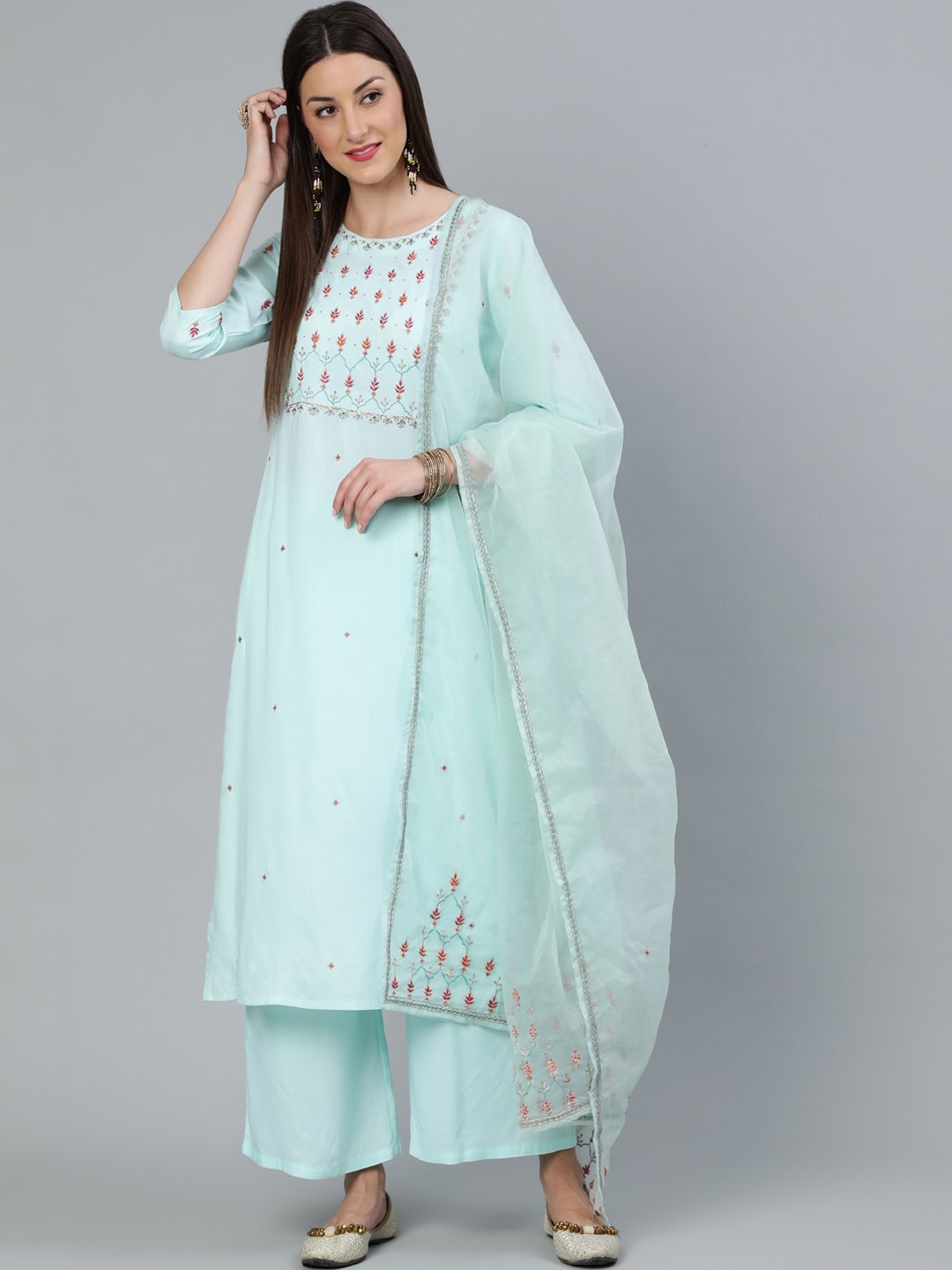 

Nayo Women Sea Green Straight Embroidered Kurta With Plazzo & Dupatta