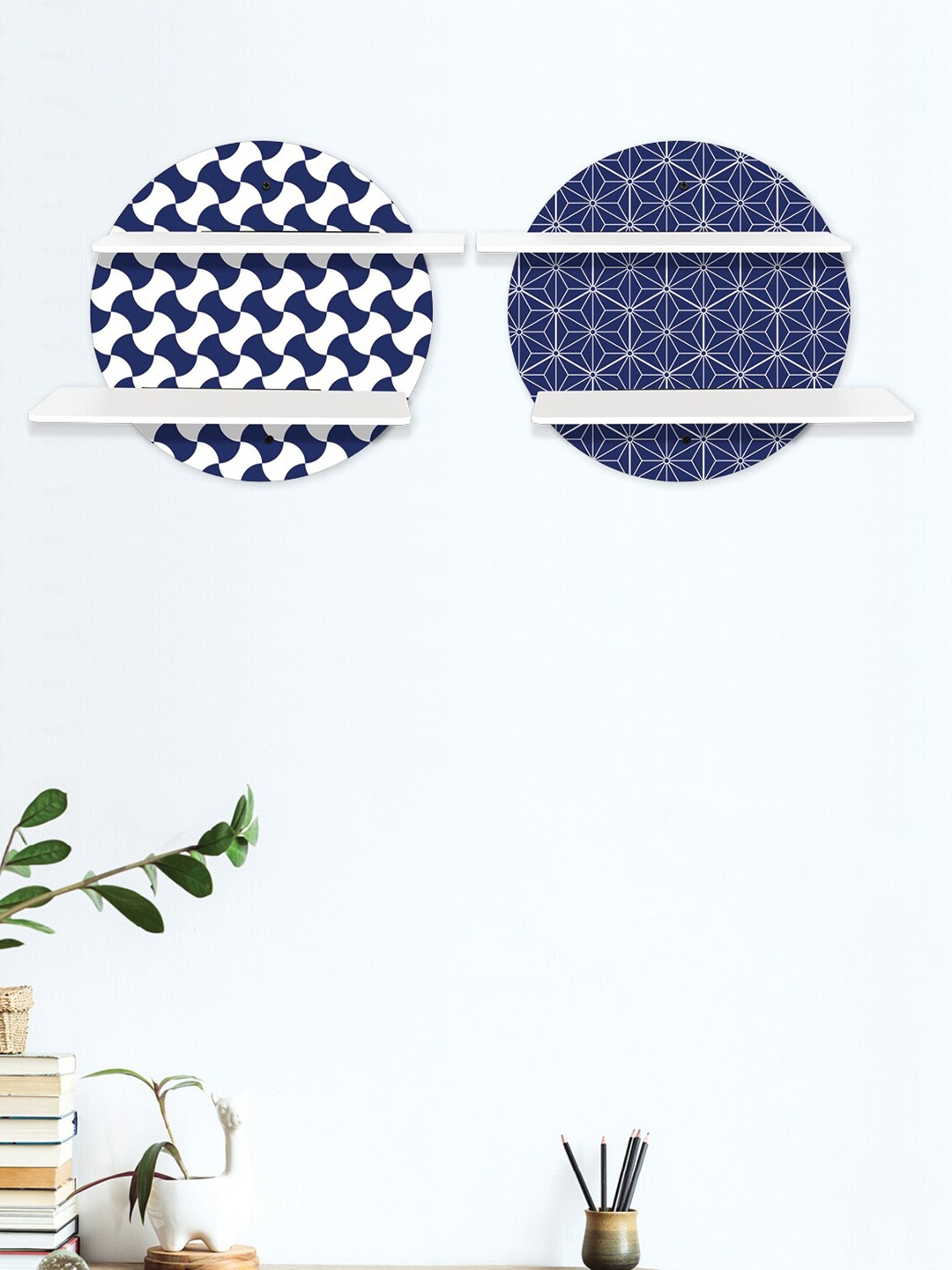 RANDOM Set Of 2 Navy Blue & White Printed MDF Basic Wall Shelves