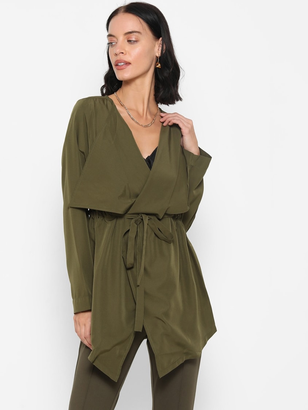 FOREVER 21 Women Olive Green Solid Longline Wrap Jacket