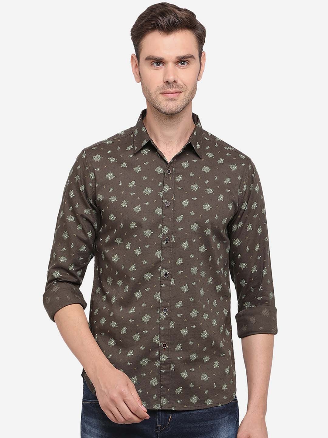 Greenfibre Men Brown & Green Slim Fit Printed Casual Shirt