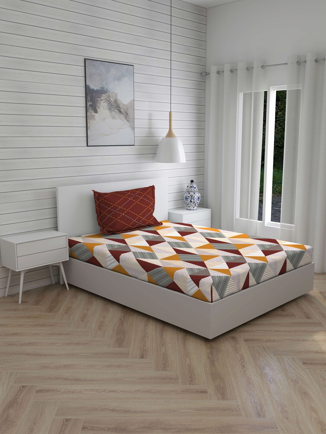 

Layers Brown & Maroon Geometric 104 TC Cotton 1 Single Bedsheet with 1 Pillow Covers