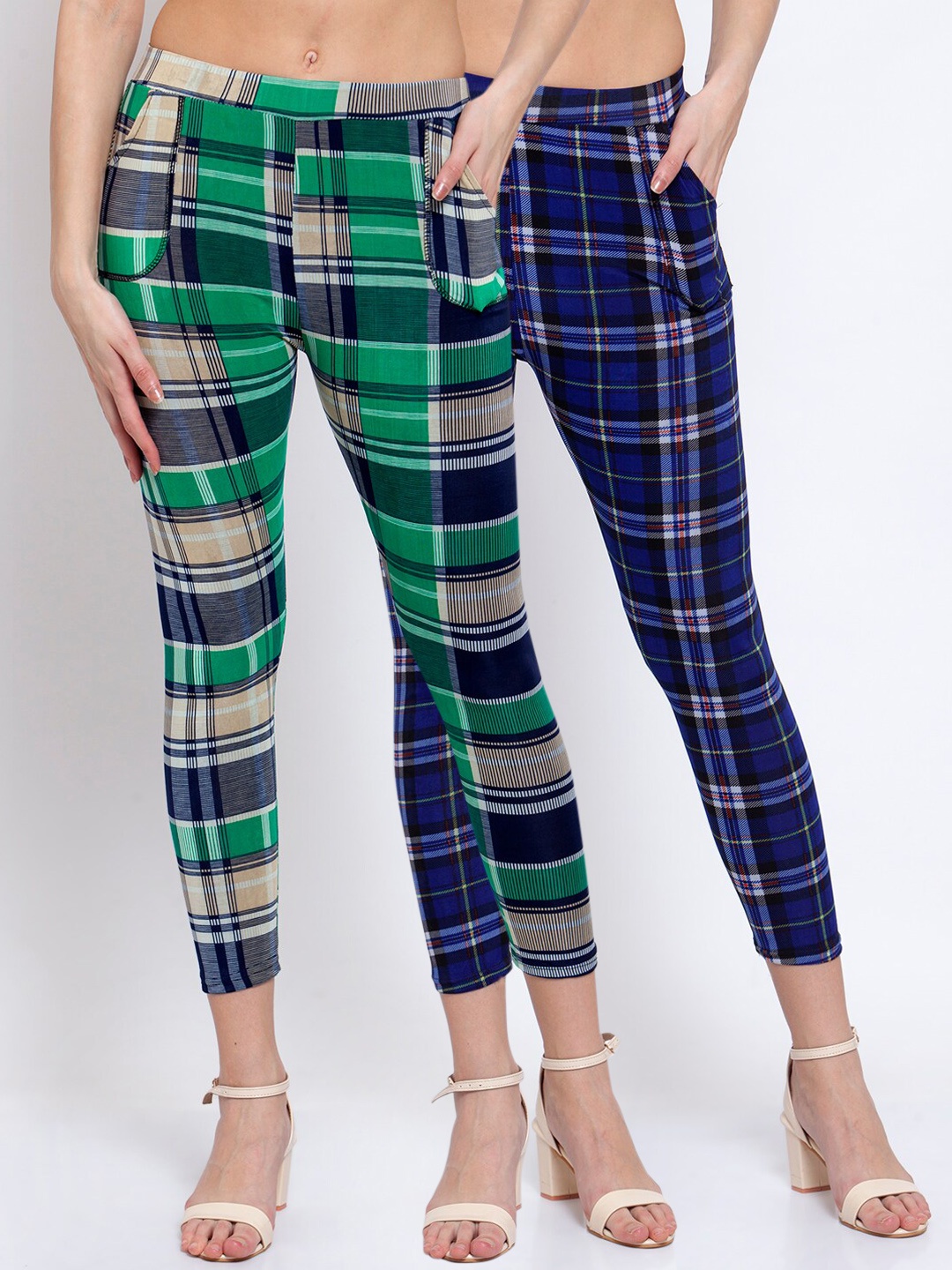 

KLOTTHE Women Pack Of 2 Green & Blue Checked Jeggings