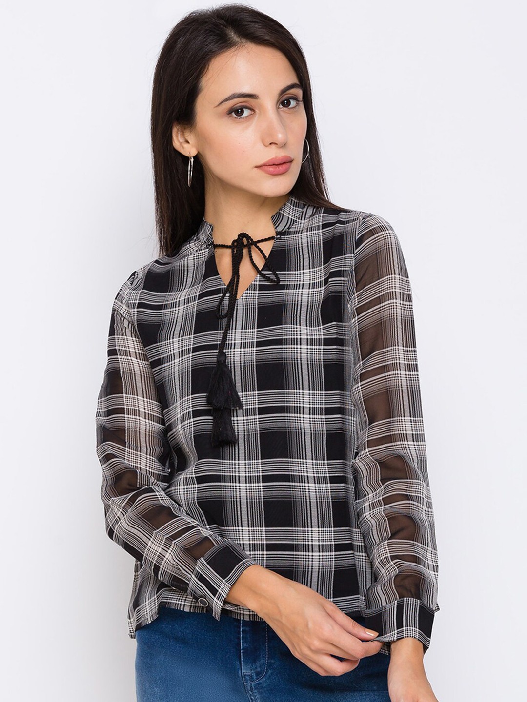 

Globus Black & Grey Checked Tie-Up Neck Regular Top