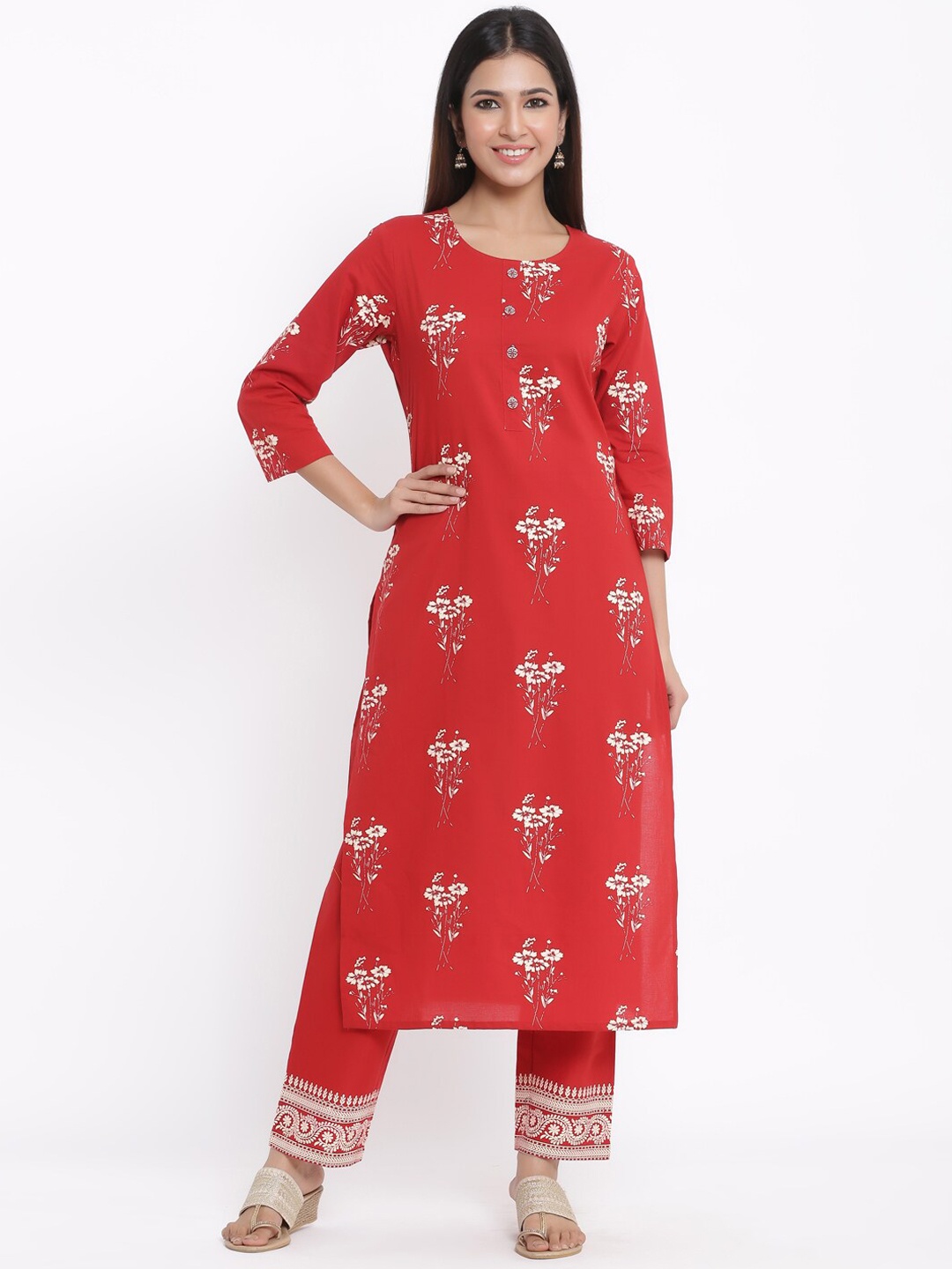 

kipek Women Red Cotton Kurta and Palazzo Set