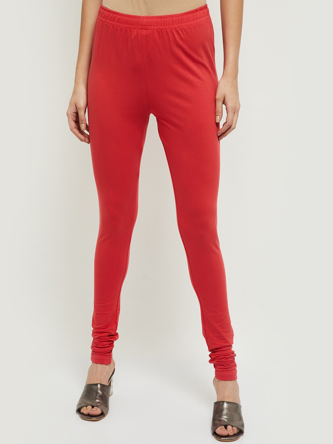 

max Women Coral Red Solid Knitted Churidar