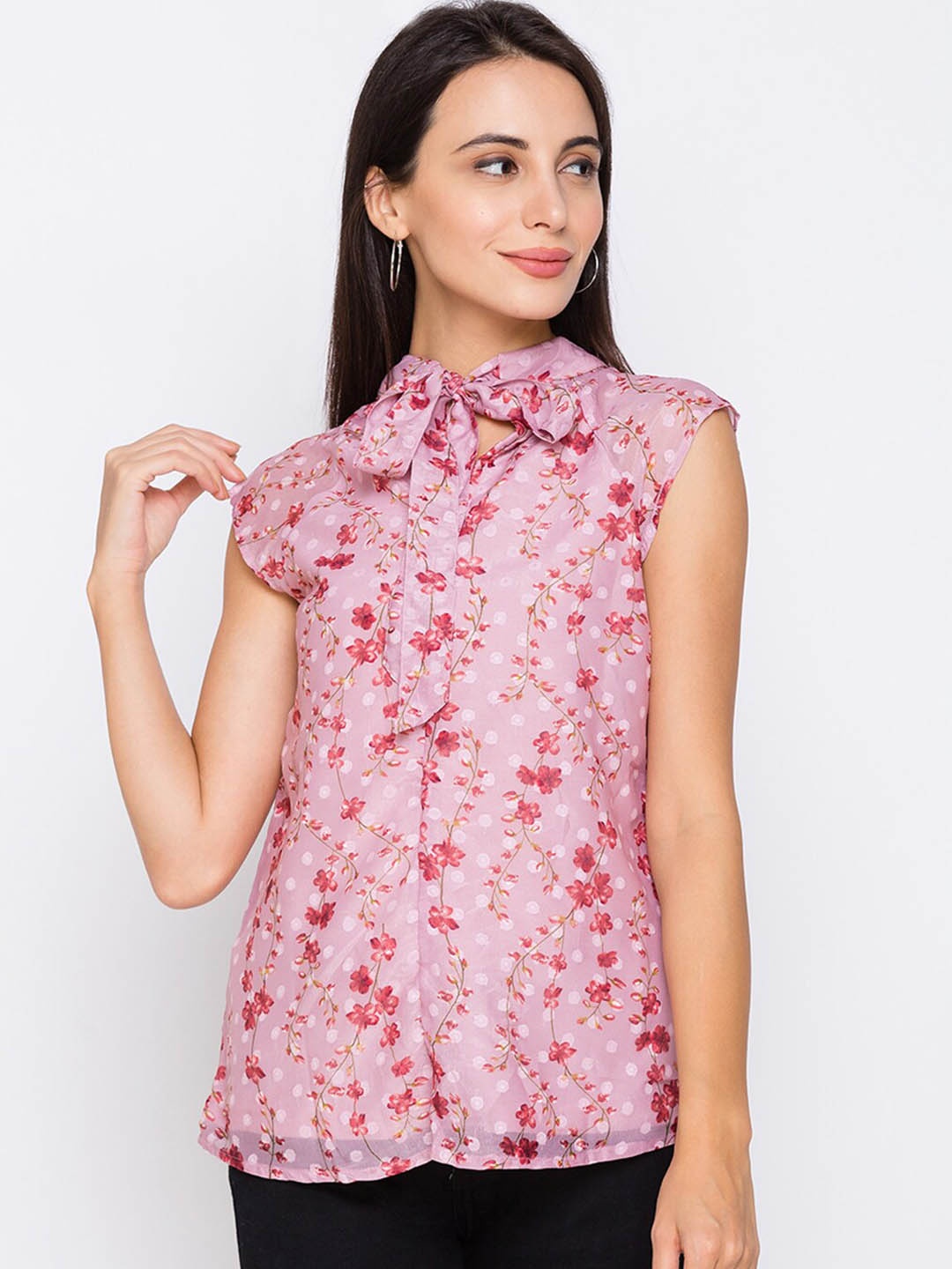 

Globus Pink Floral Printed Tie-Up Neck Regular Top