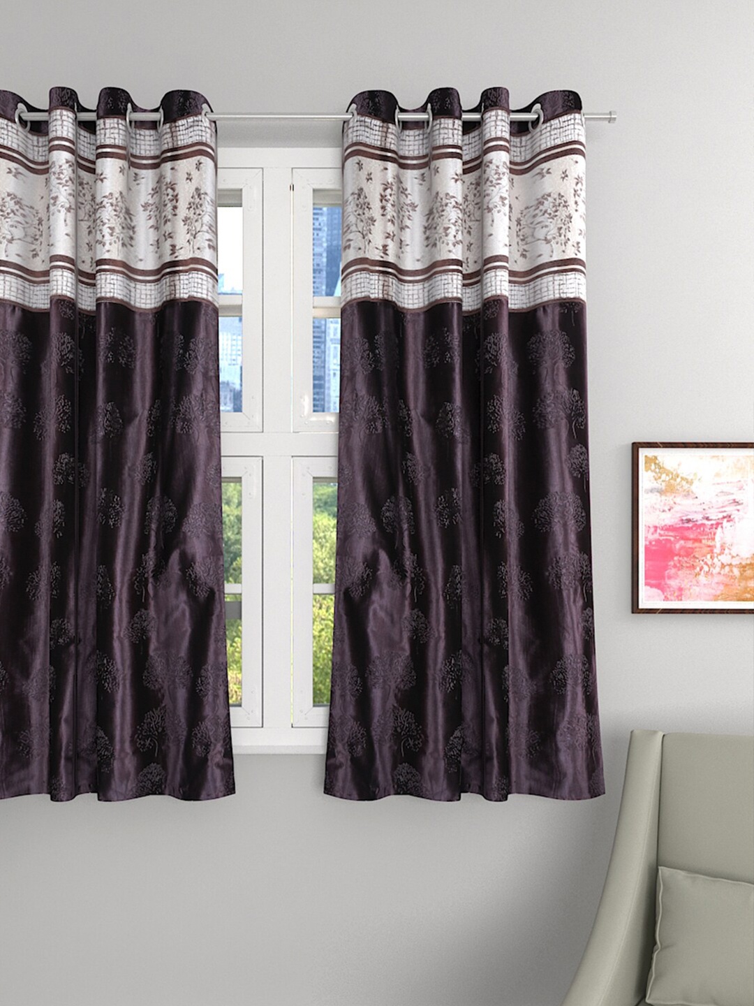 

ROMEE Brown & Silver-Toned Single Room Darkening Window Curtain