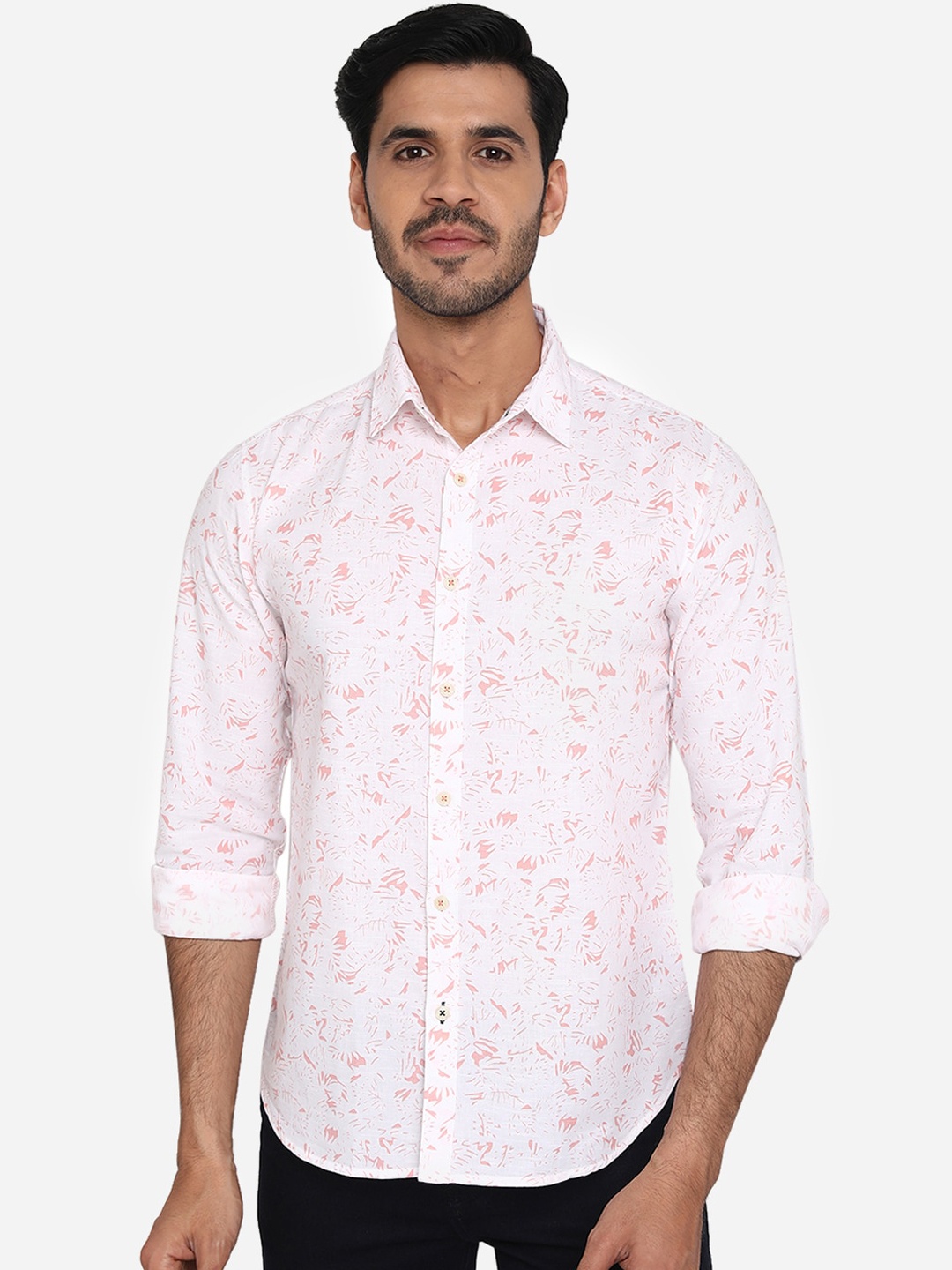 

Greenfibre Men White & Pink Slim Fit Printed Cotton Casual Shirt