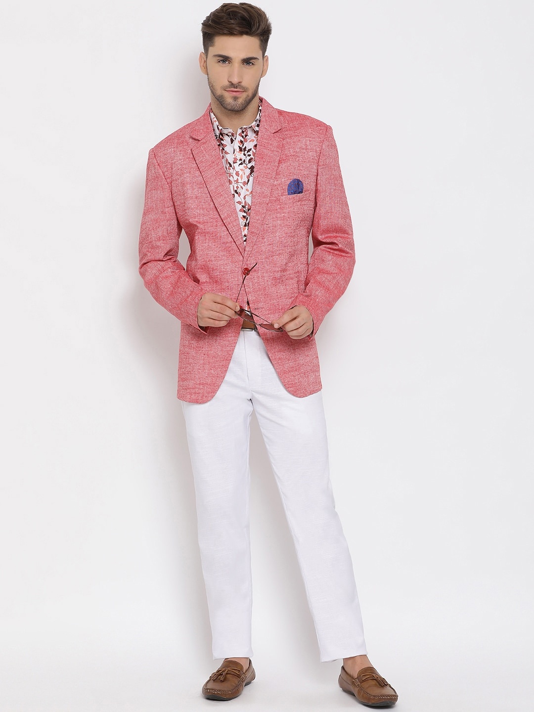 Hangup Men Red & White Self-Design Single-Breasted Three-Piece Linen Casual Suit