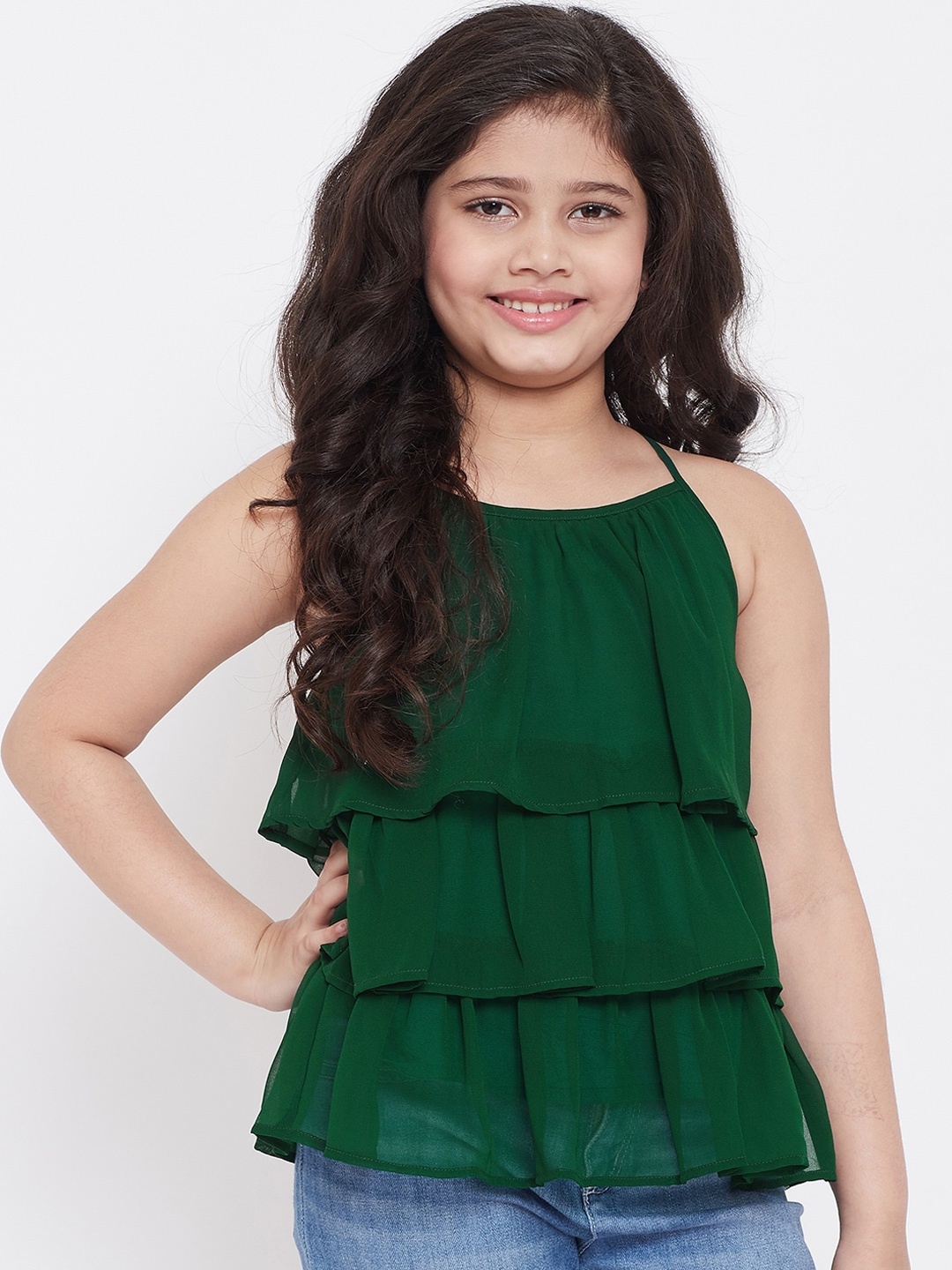 

Stylo Bug Green Georgette Tiered Top