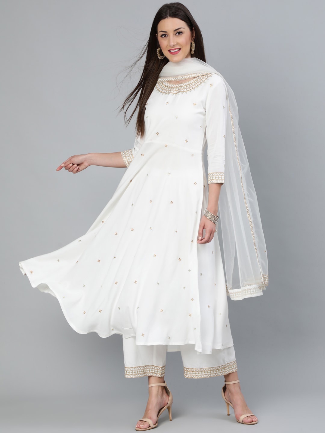 

Nayo Women Off-White Embroidered Flared Kurta Plazzo With Net Dupatta