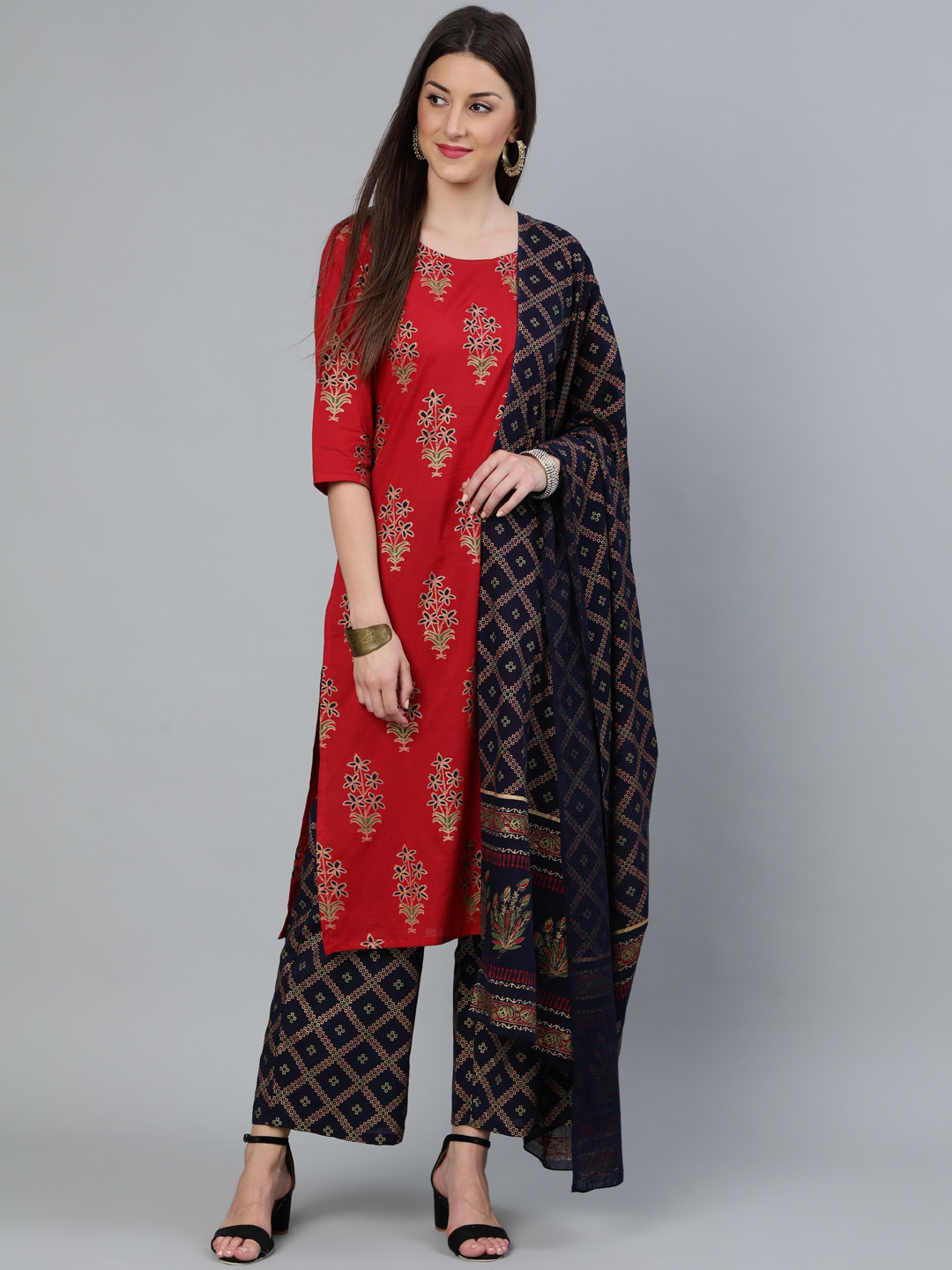

Nayo Women Red Gold Printed Straight Kurta With Palazzo & Dupatta