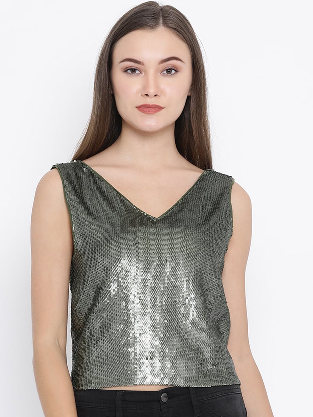 

ZOELLA Olive Green Embellished Regular Crop Top