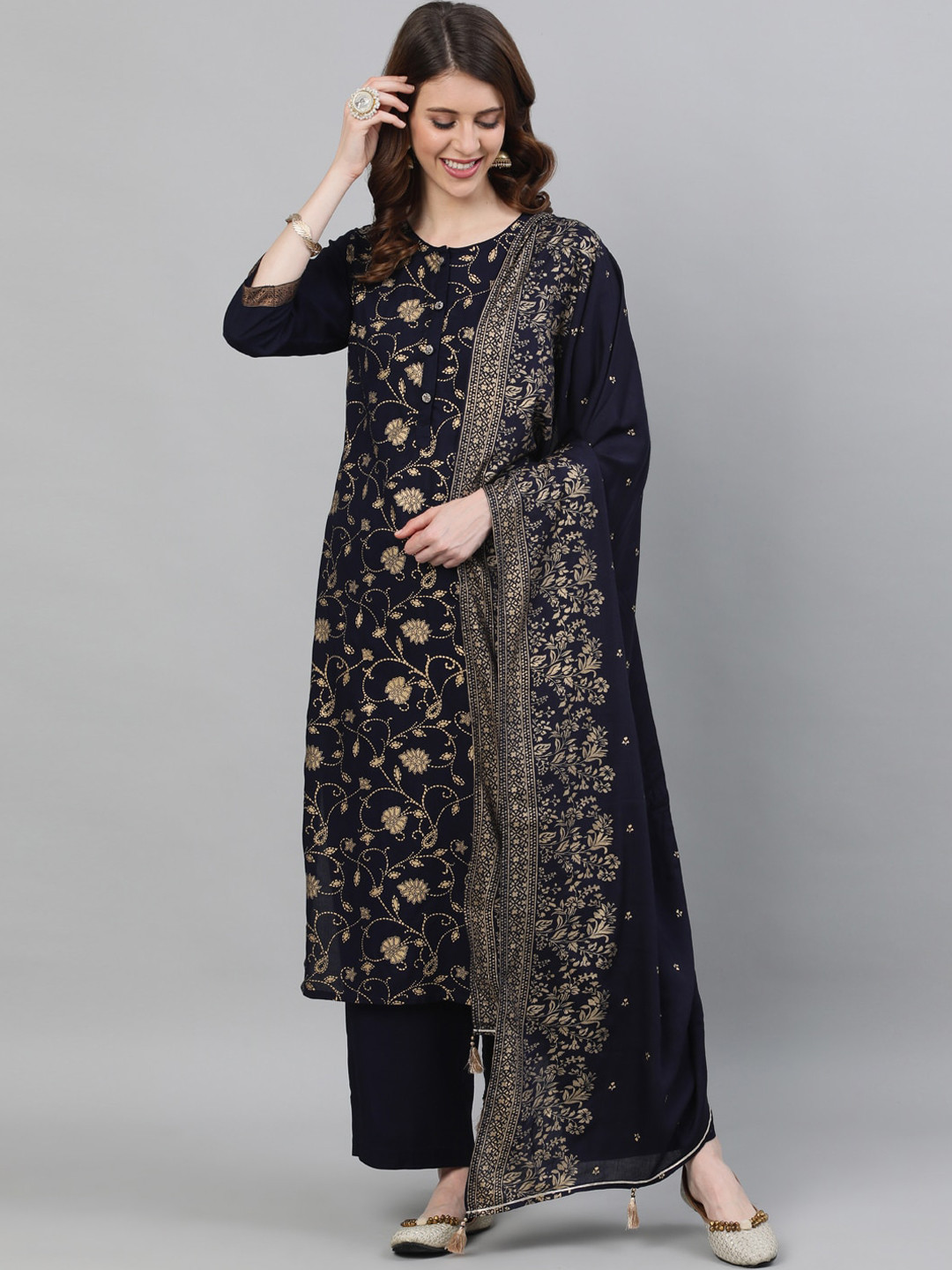 

Ishin Women Navy Blue & Gold-Toned Printed Kurta with Trousers & Dupatta