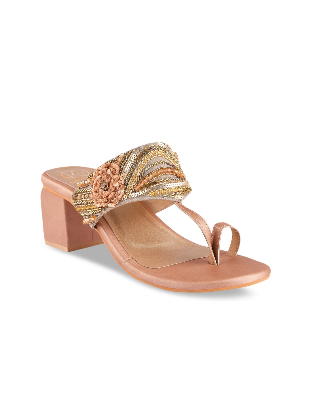 

KALTHEOS Women Rose Gold & Beige Embellished Sandals