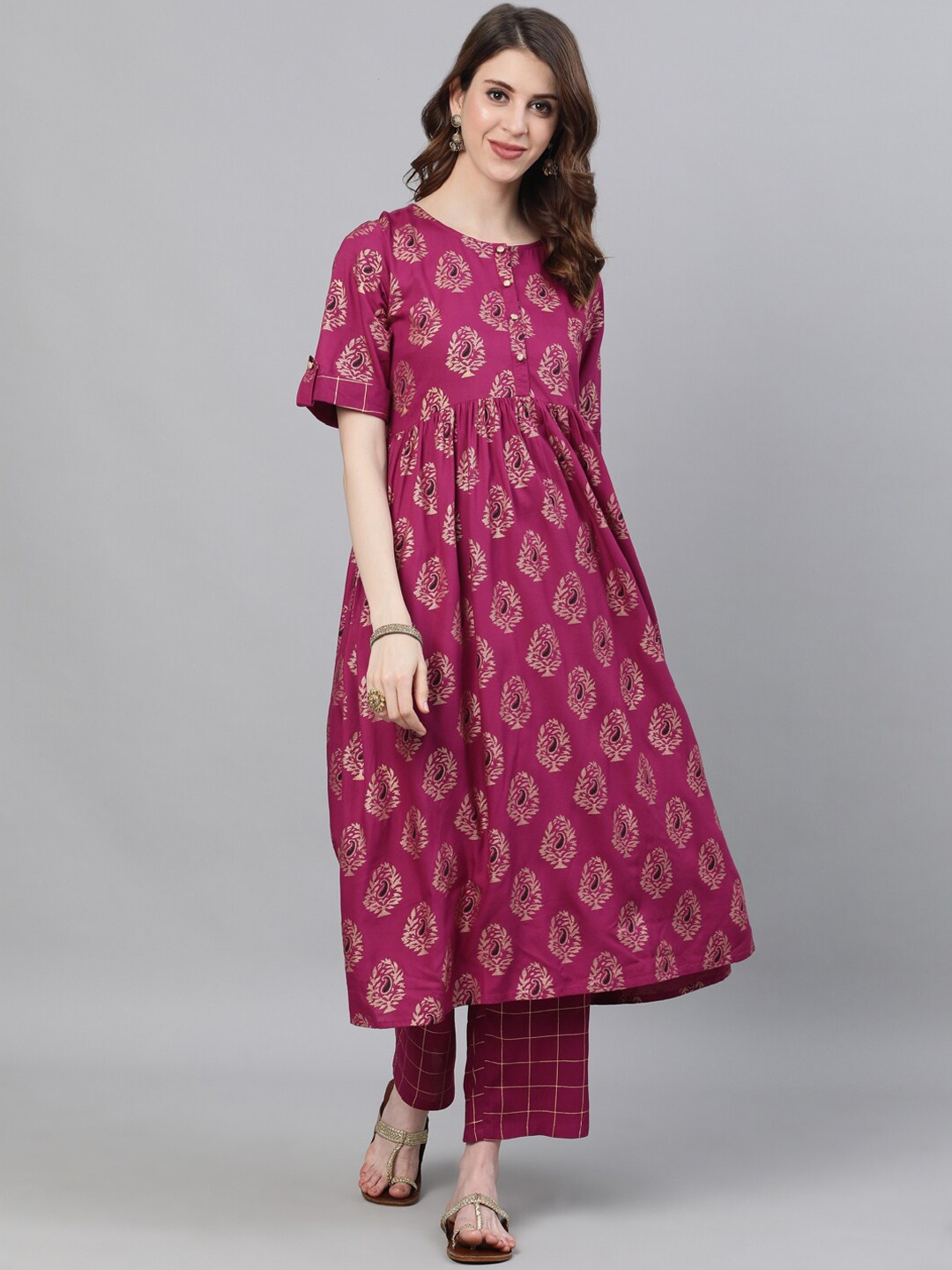 

Ishin Women Burgundy Printed Anarkali Kurta Palazzo Set