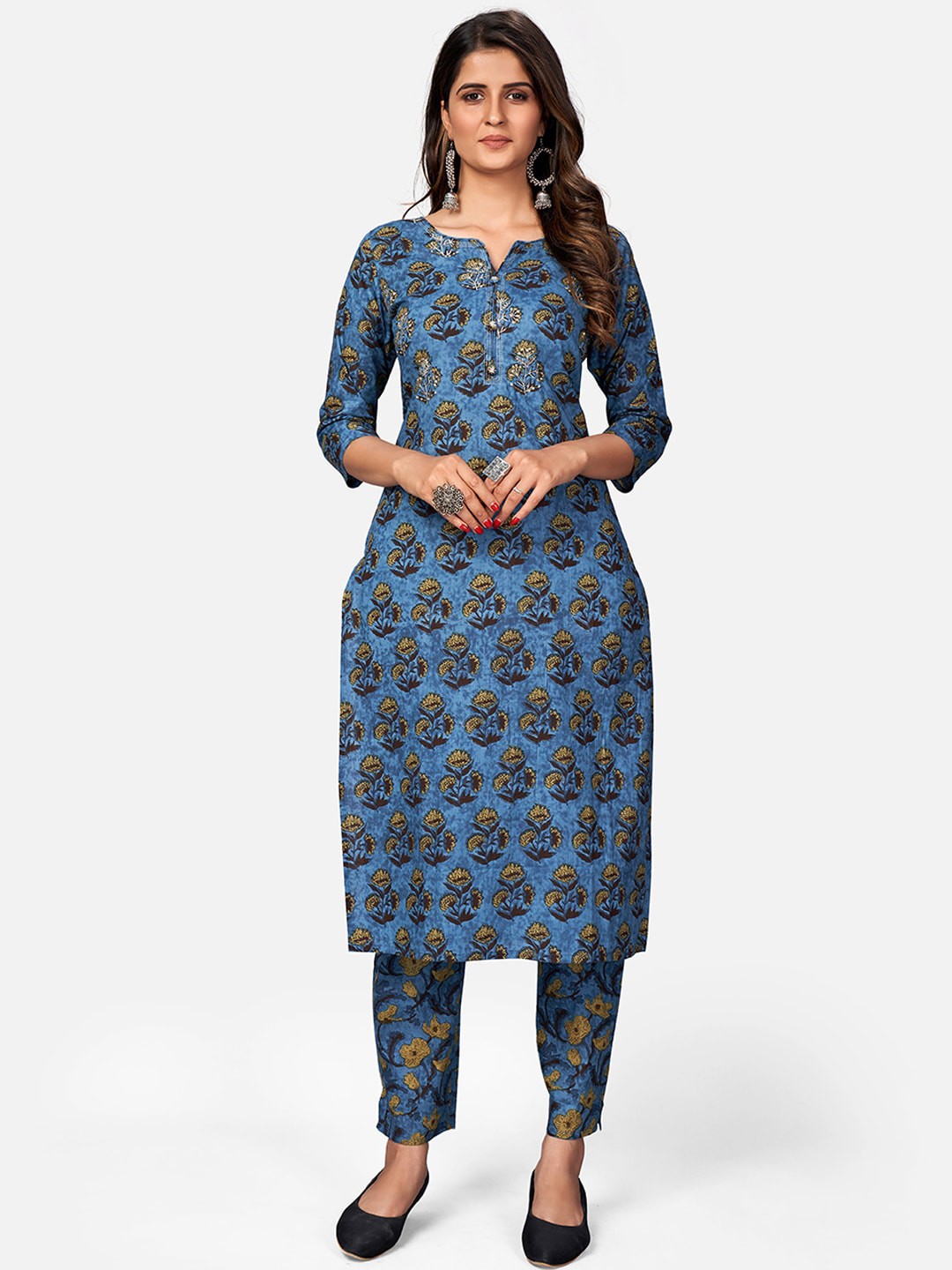 

Vbuyz Women Printed & Embroidered Straight Cotton Dark Blue Kurta With Pant