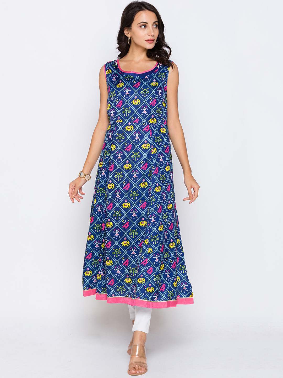

Globus Women Navy Blue Ethnic Motifs Printed Anarkali Kurta