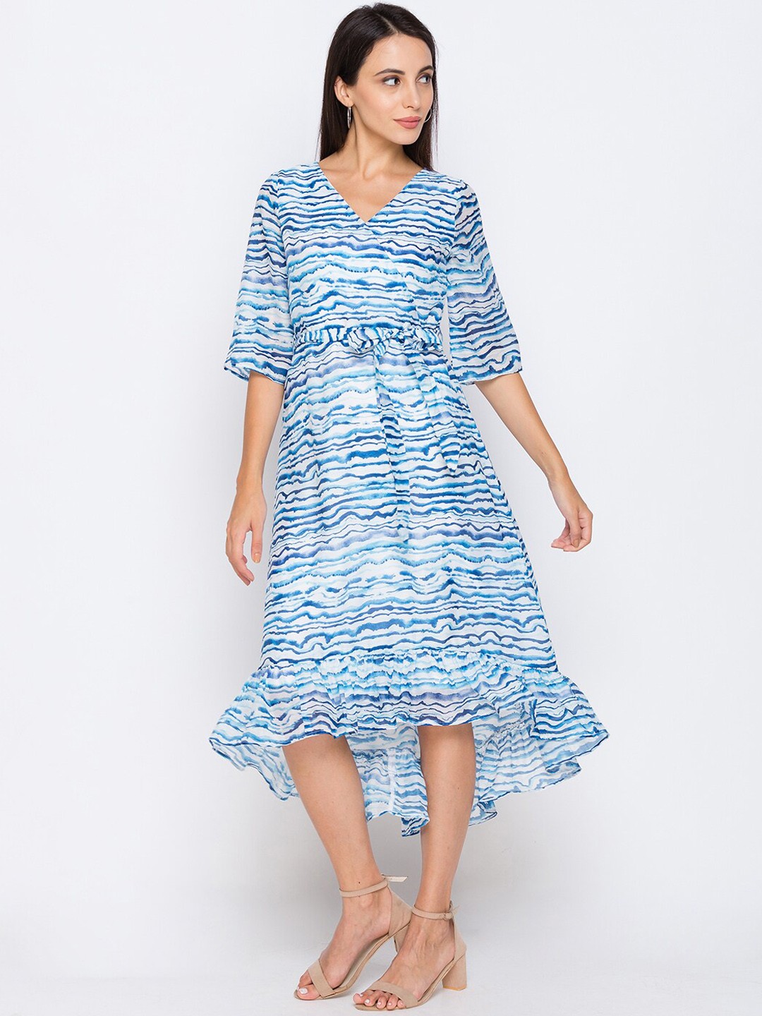 

Globus Women Blue & White Printed High-Low & Flounce Hem Wrap Dress