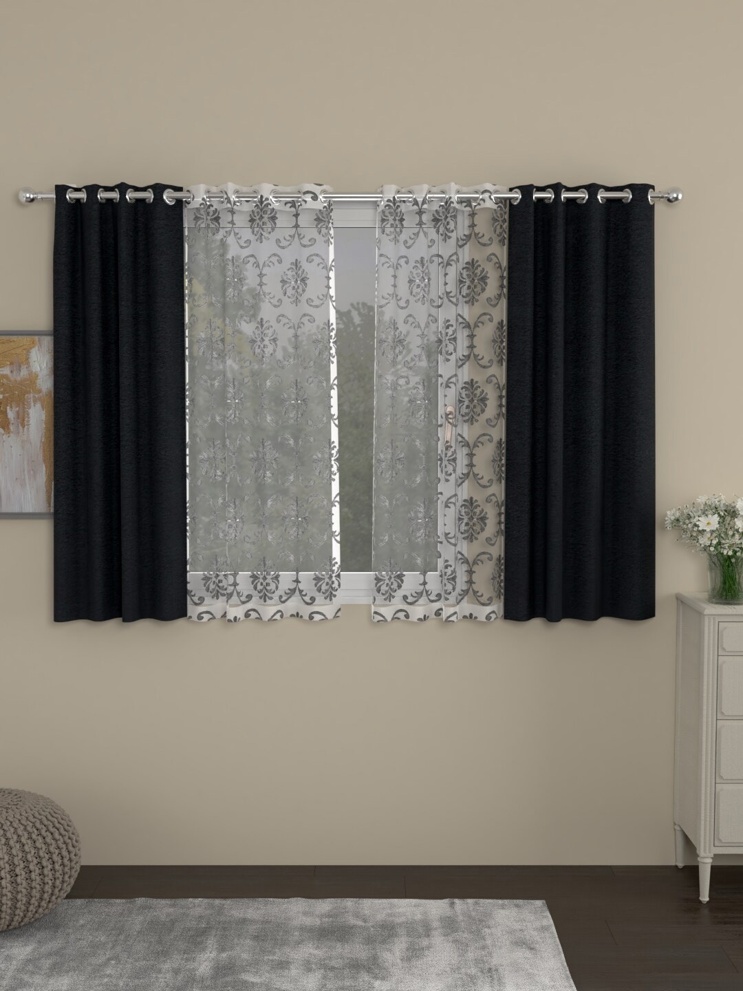 

ROSARA HOME Charcoal & Transparent Set of 4 Window Curtains