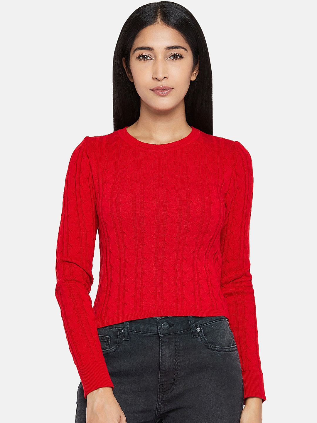 

People Women Red Self Design Cotton Pullover Sweater