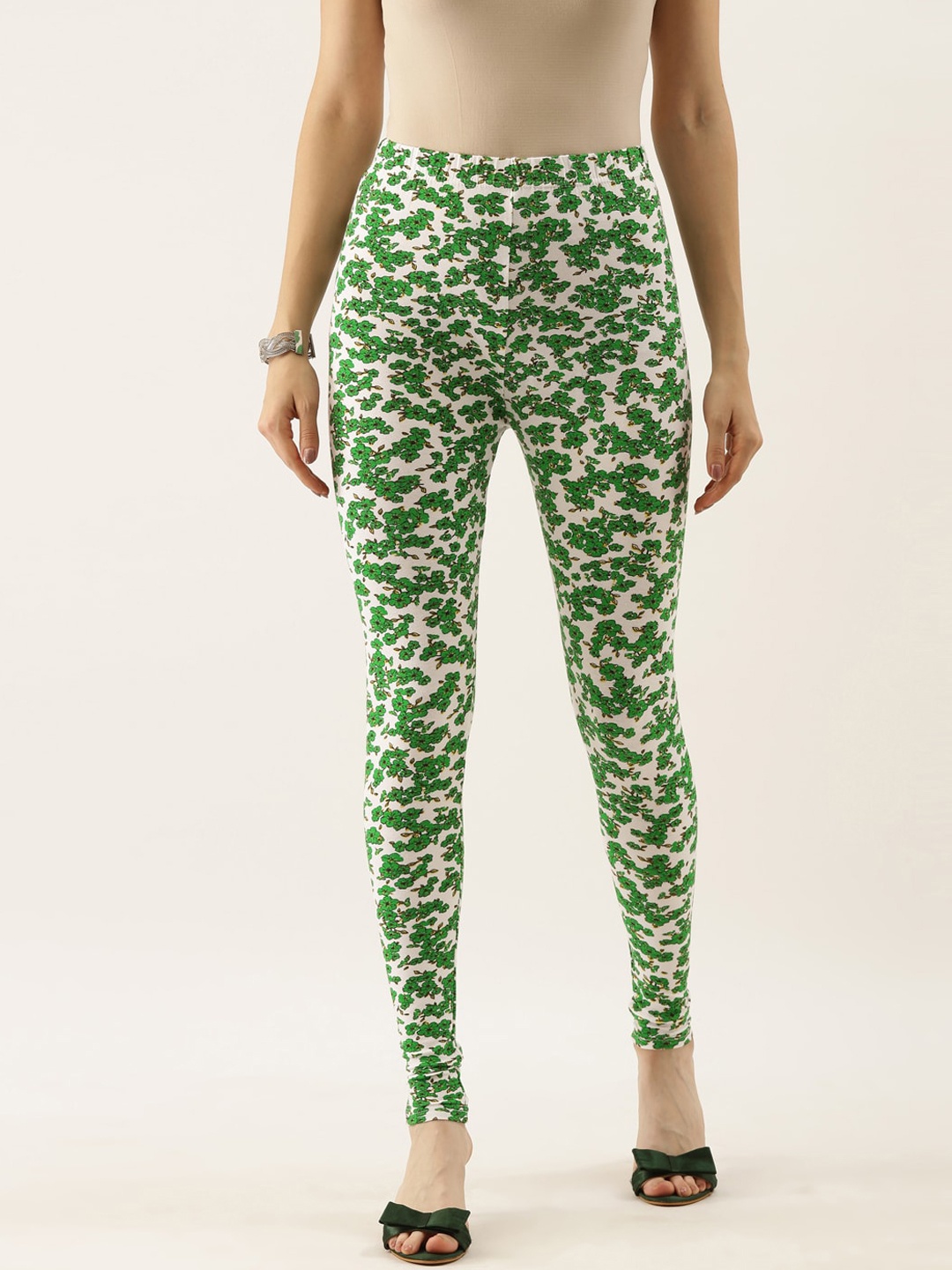 Souchii Women White & Green Printed Ankle-Length Leggings