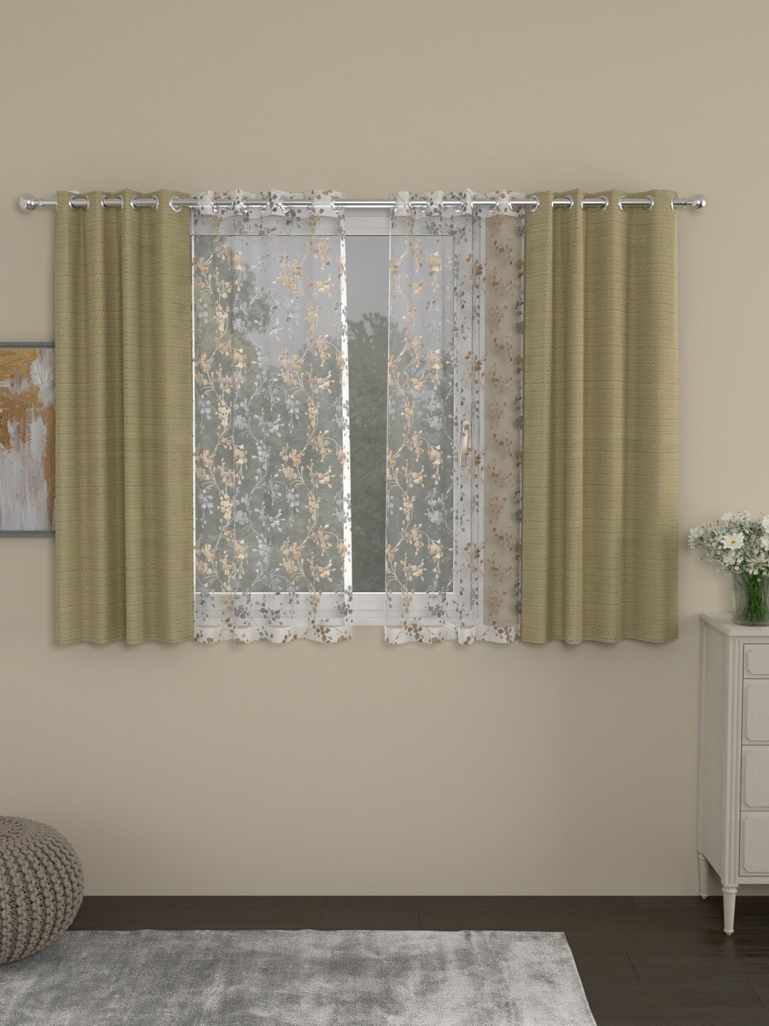 

ROSARA HOME Set Of 4 Beige & Transparent Window Curtains