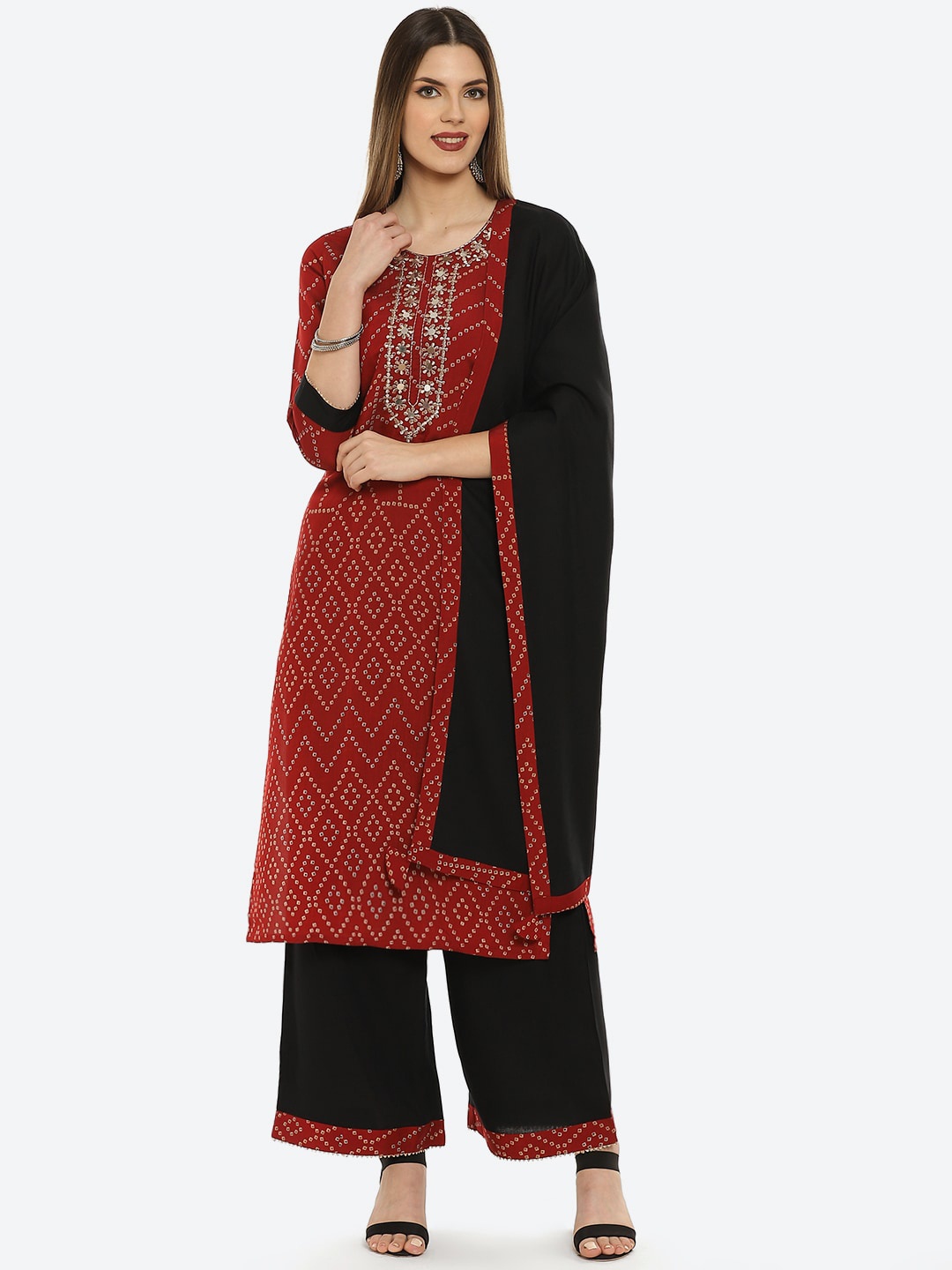 

Kurti's by Menka Women Maroon & Black Printed Kurta with Palazzos & Dupatta