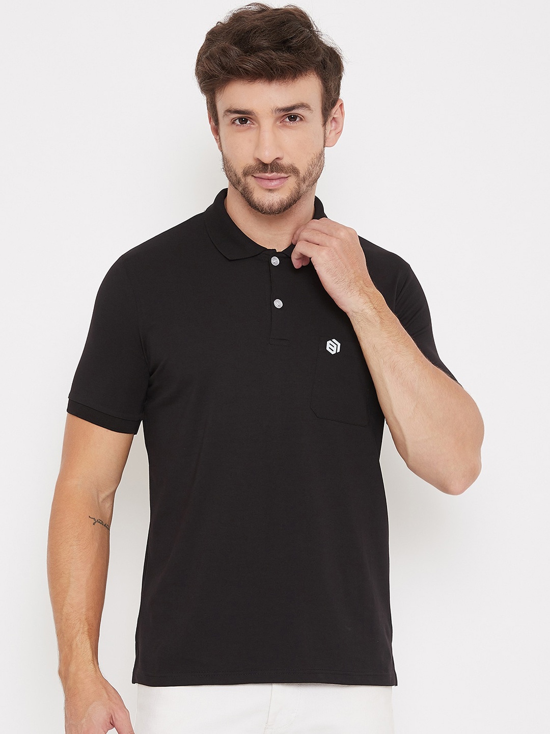 

Bishop Cotton Men Black Solid Polo Collar T-shirt