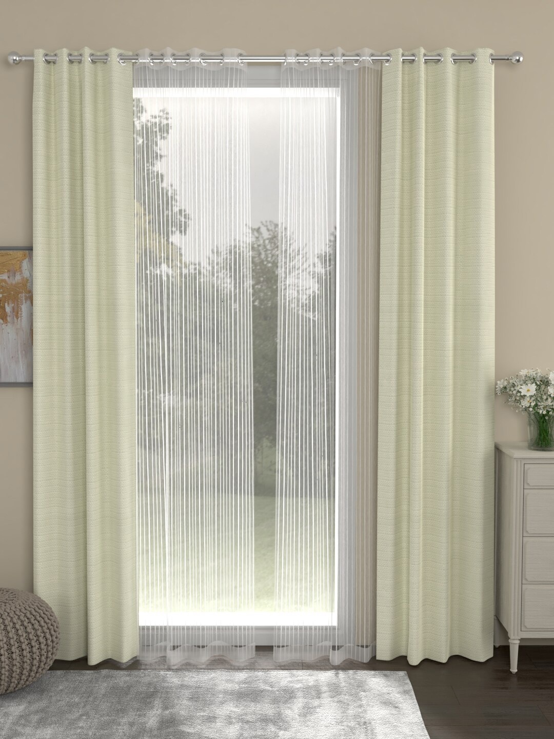 ROSARA HOME Set Of 4 Cream-Coloured & White Long Door Curtains