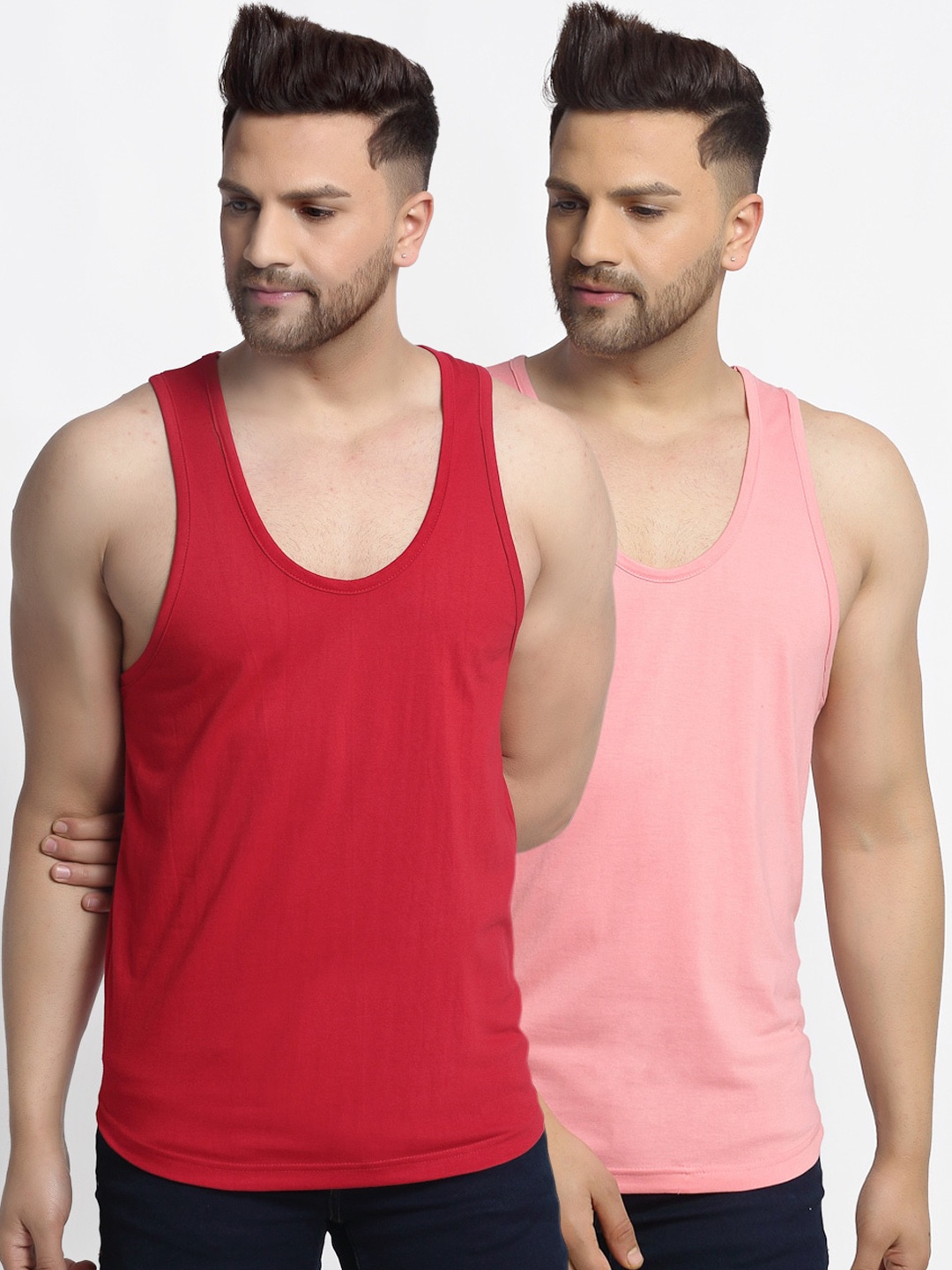 Friskers Men Pack Of 2 Solid Cotton Gym Vests, Maroon