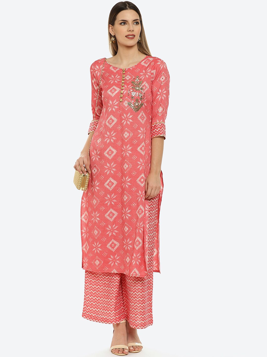 

Kurti's by Menka Women Peach-Coloured Printed Kurti with Palazzos