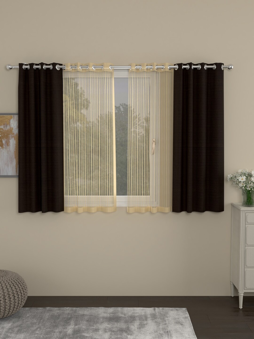 

ROSARA HOME Coffee Brown & Gold-Toned Set of 4 Window Curtains