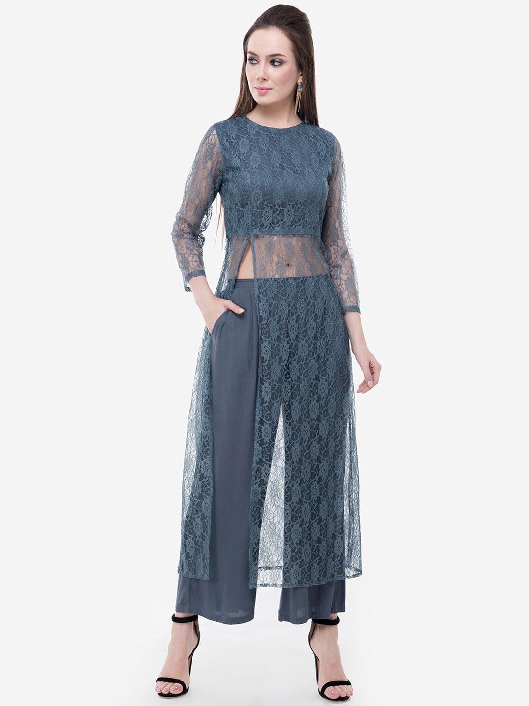 

V&M Women Grey Self Design Kurta with Palazzos