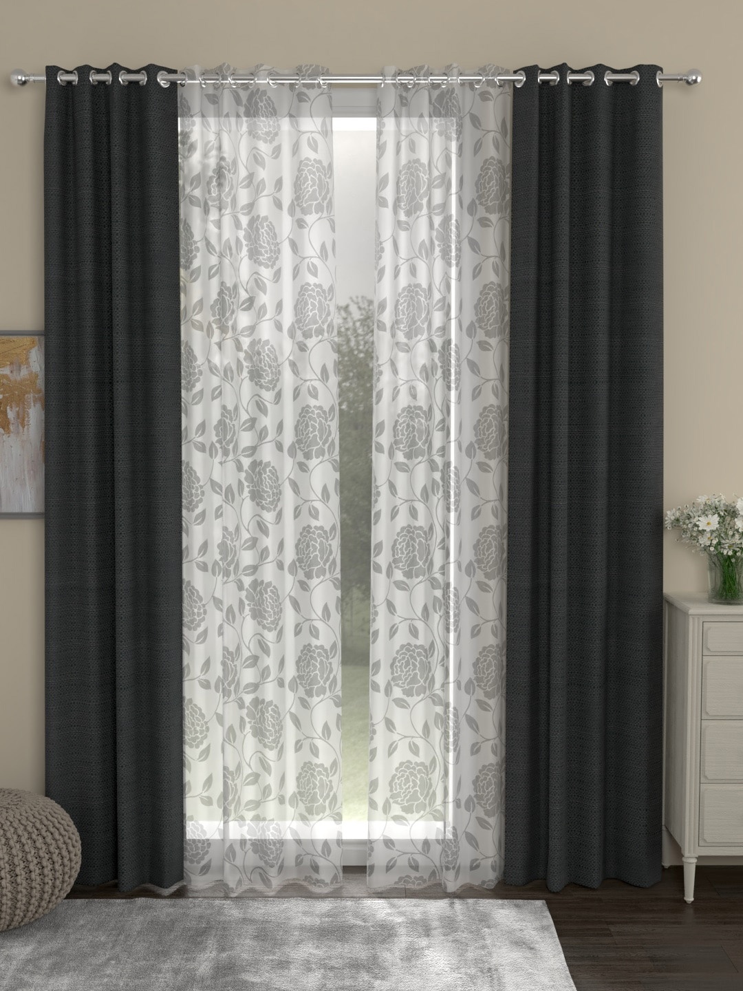 

ROSARA HOME Grey & Off-White Set of 4 Door Curtains