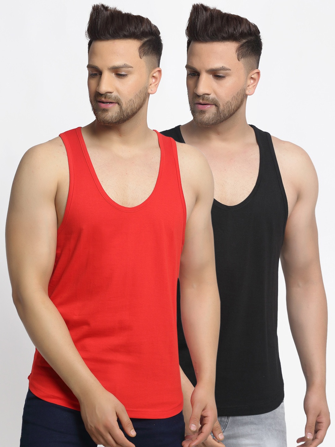 

Friskers Men Pack Of 2 Solid Cotton Gym Vests, Black