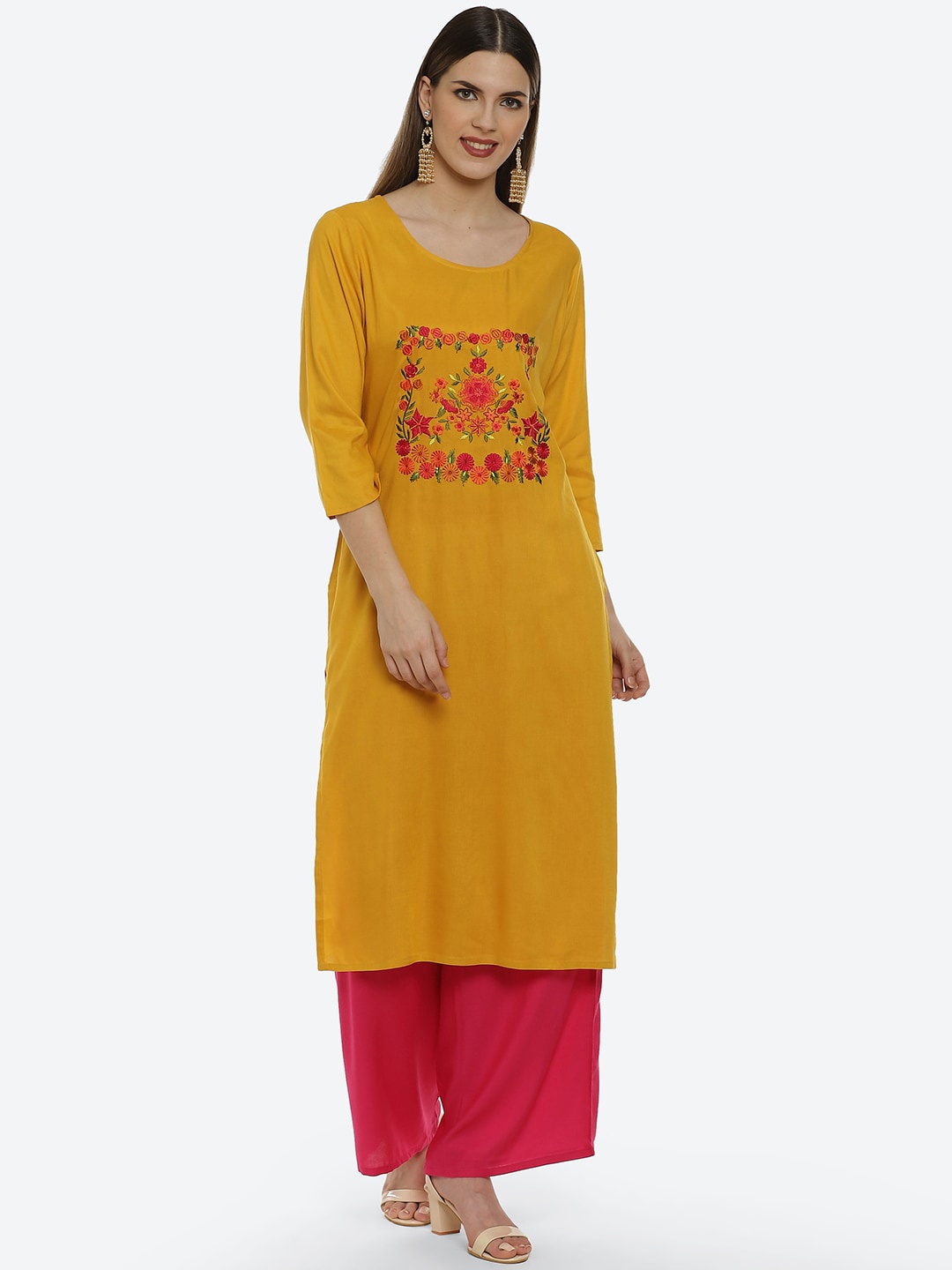 

Kurti's by Menka Women Mustard Floral Embroidered Thread Work Floral Kurta