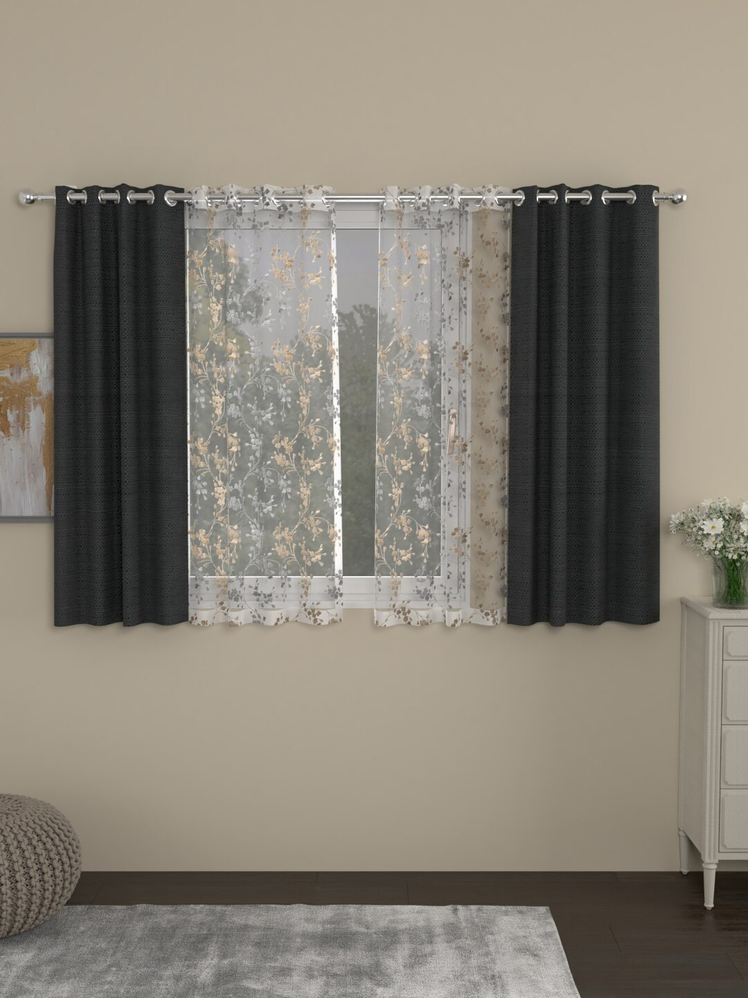 

ROSARA HOME Grey & Transparent Set of 4 Window Curtains