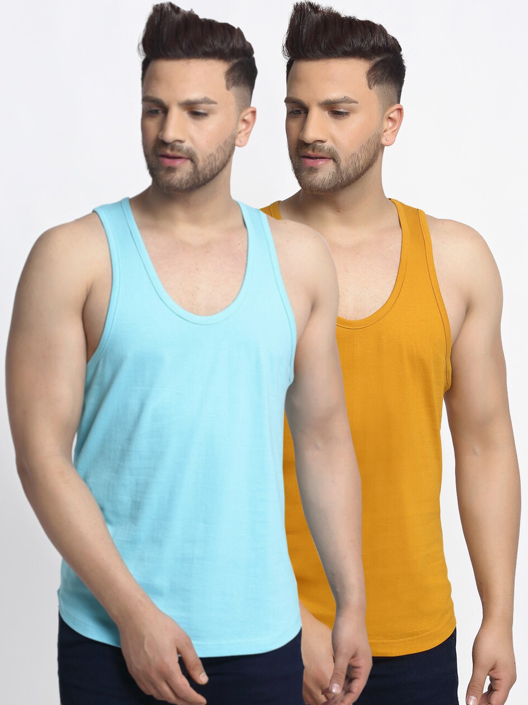 

Friskers Men Pack Of 2 Turquoise Blue & Mustard Solid Cotton Gym Vest