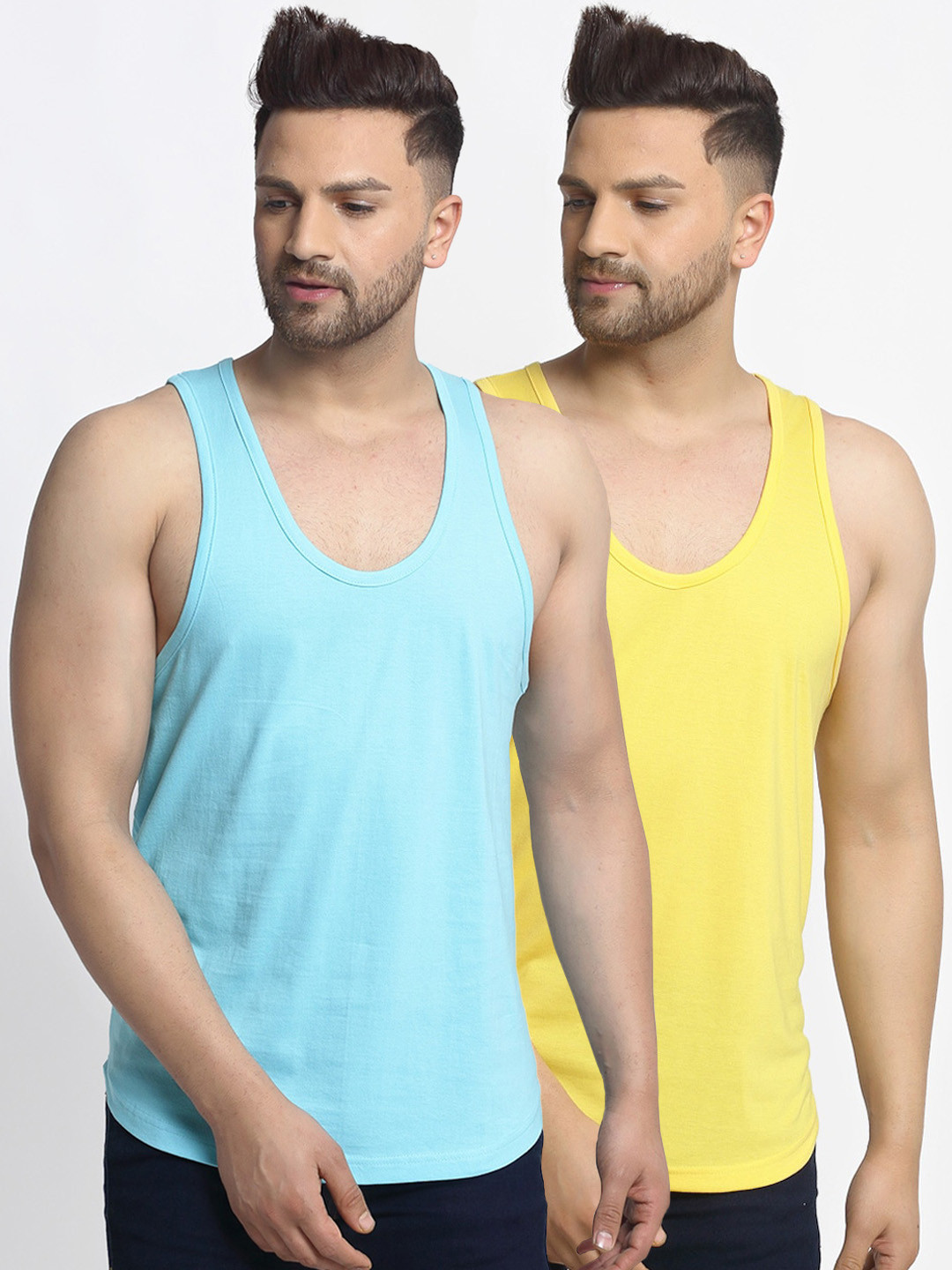 

Friskers Men Pack of 2 Solid Innerwear Gym Vests, Yellow