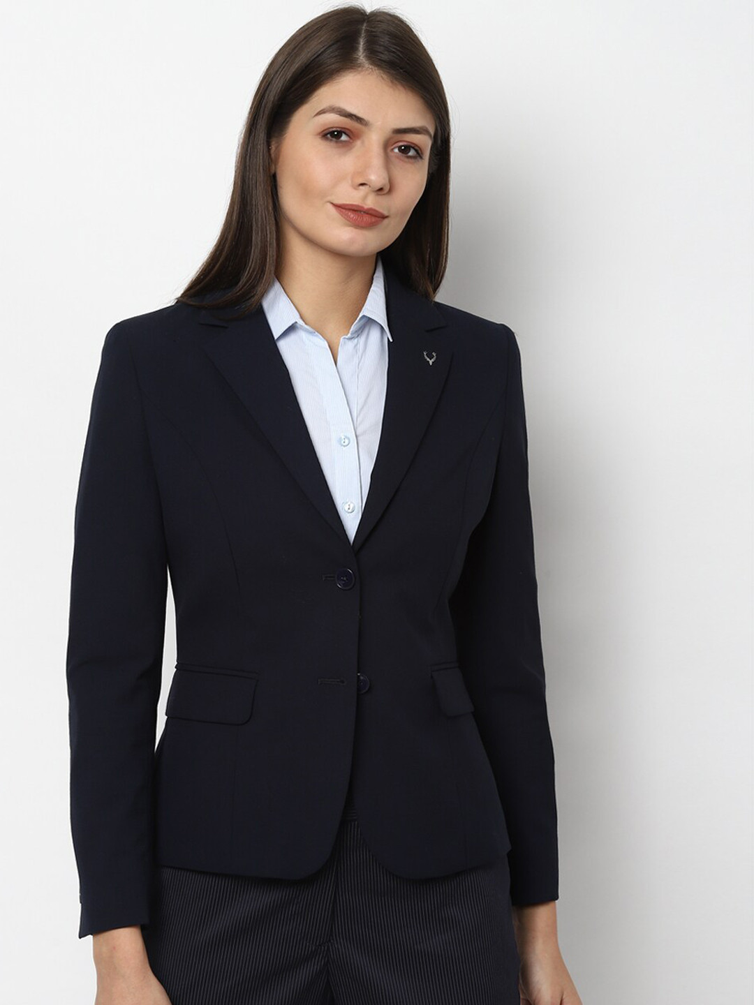 

Allen Solly Woman Women Navy Blue Solid Slim-Fit Single-Breasted Blazer