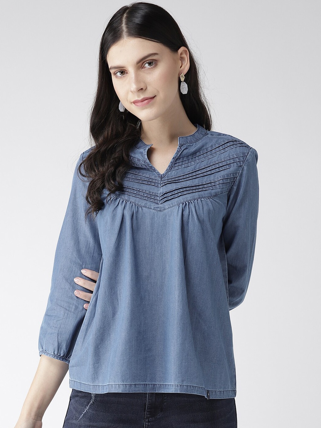 

Xpose Blue Mandarin Collar Pure Cotton Denim Regular Top