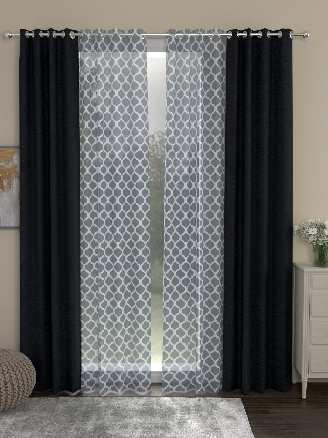 

ROSARA HOME Charcoal Grey & White Set of 4 Regular & Sheer Velvet Long Door Curtains