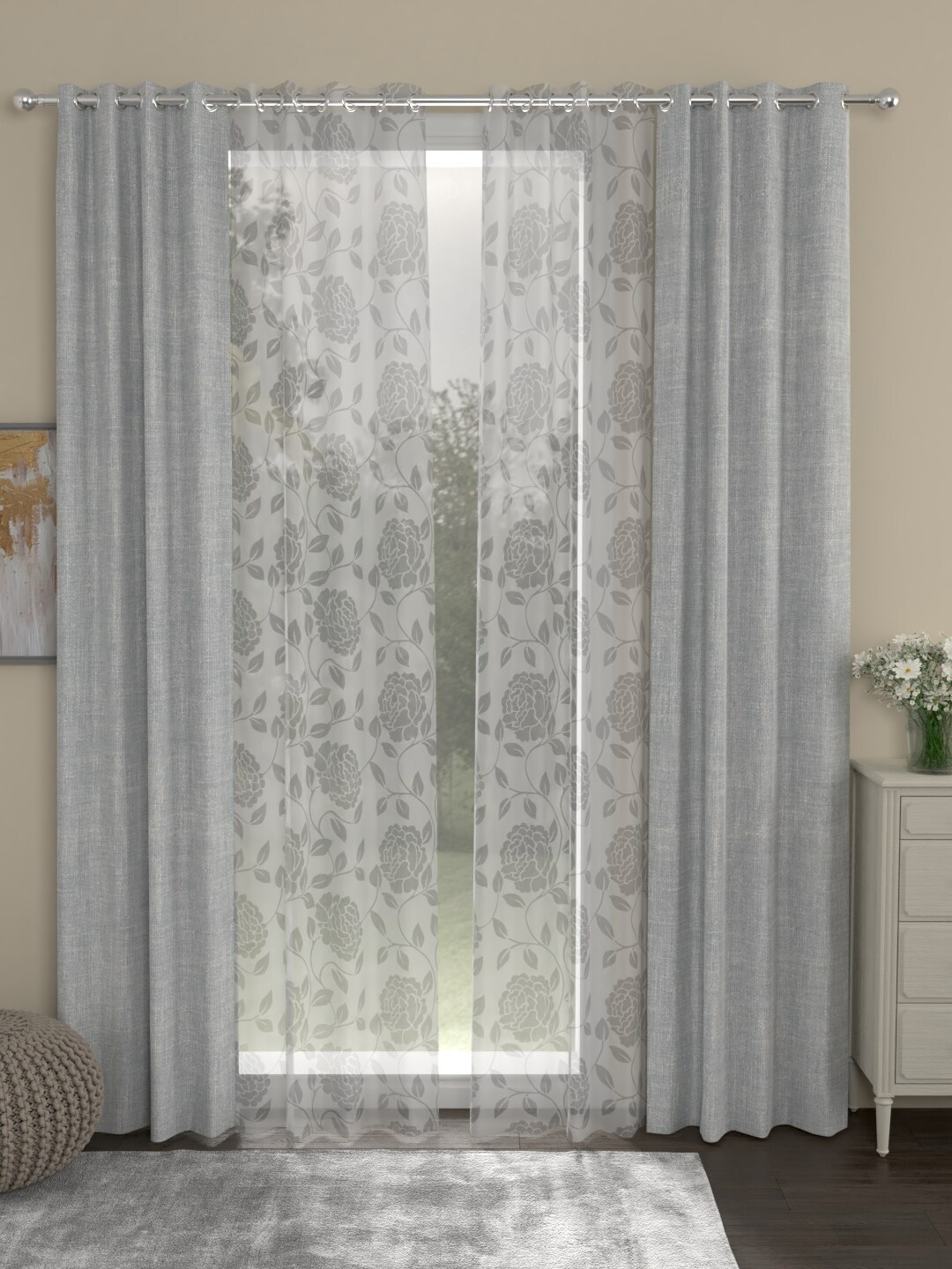 

ROSARA HOME Grey & White Set of 4 Regular & Sheer Door Curtains
