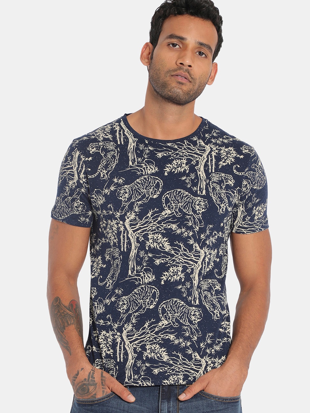

Flying Machine Men Navy Blue Printed Round Neck T-shirt